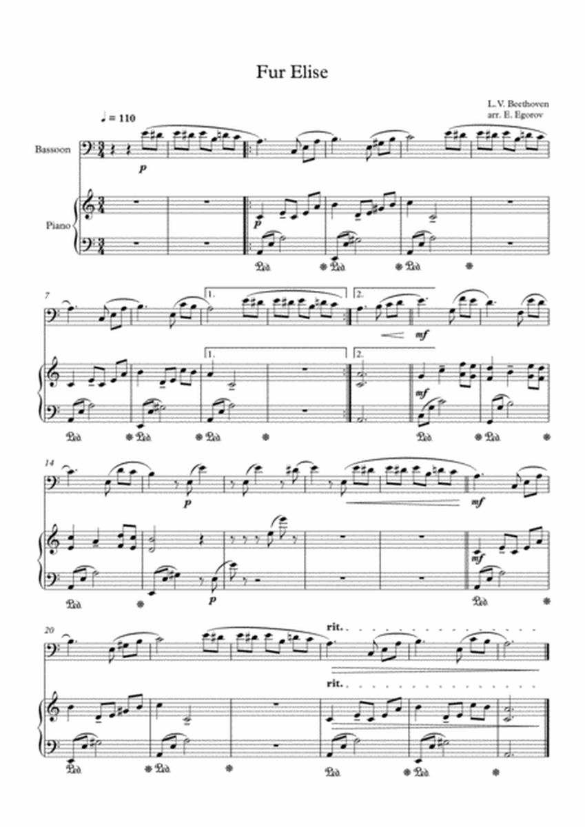 Fur Elise, Ludwig Van Beethoven, For Bassoon & Piano image number null