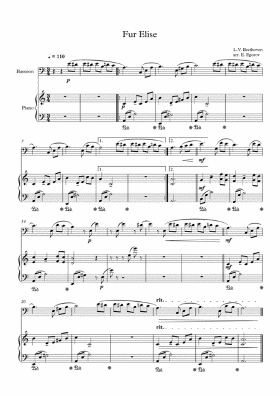 Fur Elise, Ludwig Van Beethoven, For Bassoon & Piano Bassoon Solo scores gallery preview page 1