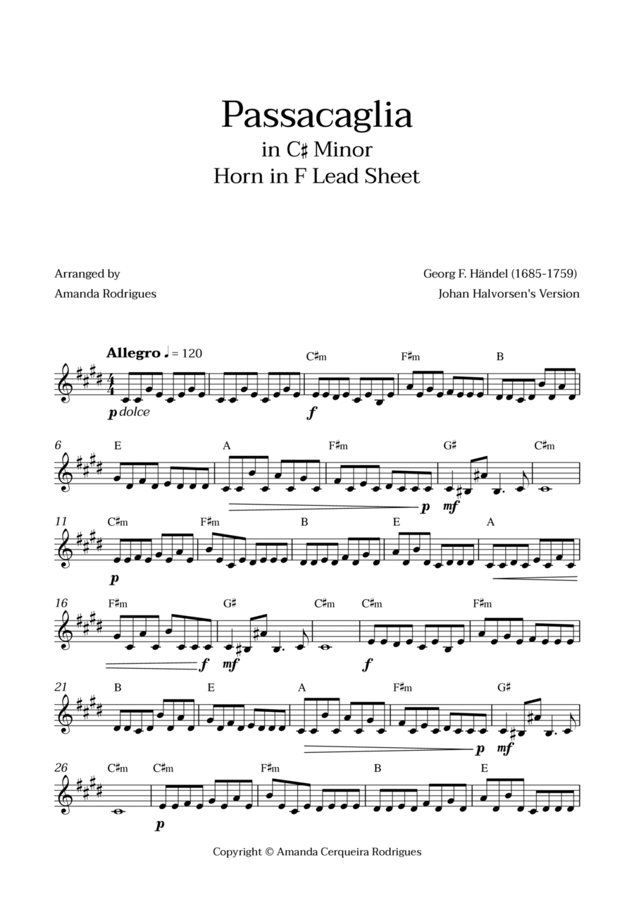 Passacaglia - Easy Horn in F Lead Sheet in C#m Minor (Johan Halvorsen's Version) Easy Piano scores gallery preview page 1