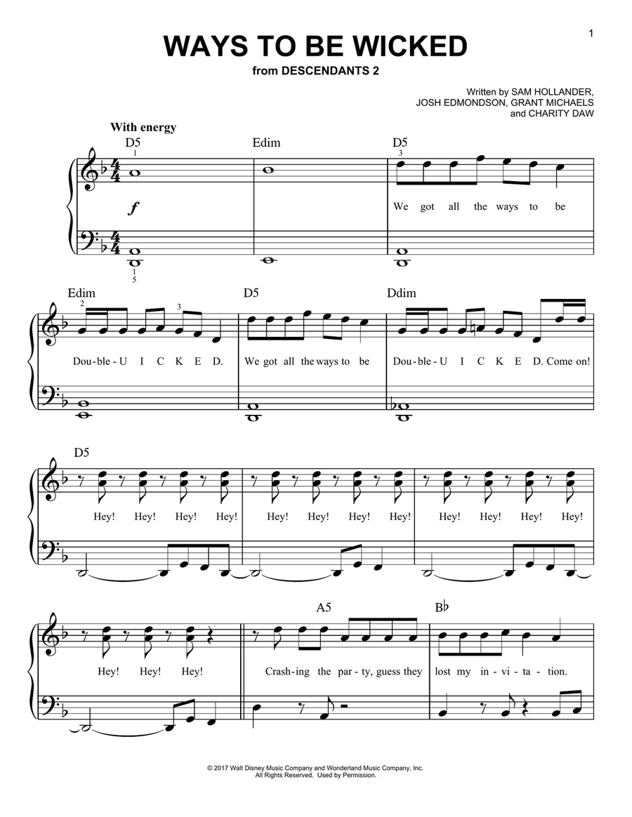 Ways to Be Wicked (from Disney's Descendants 2) Easy Piano scores gallery preview page 1
