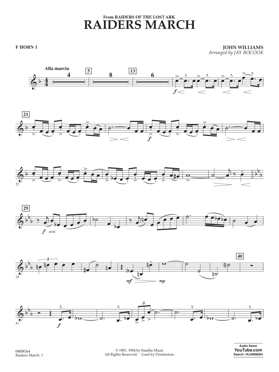 Raiders March (from Raiders Of The Lost Ark) (arr. Jay Bocook) - F Horn 1 Concert Band scores gallery preview page 1