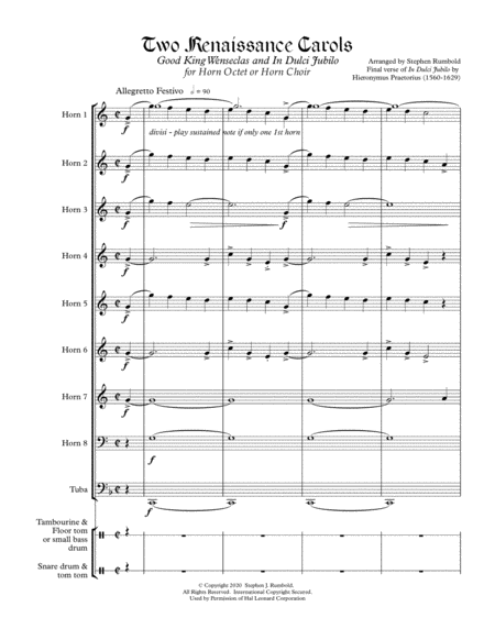 Two Renaissance Carols for Horn octet or Horn choir, Tuba and optional percussion image number null