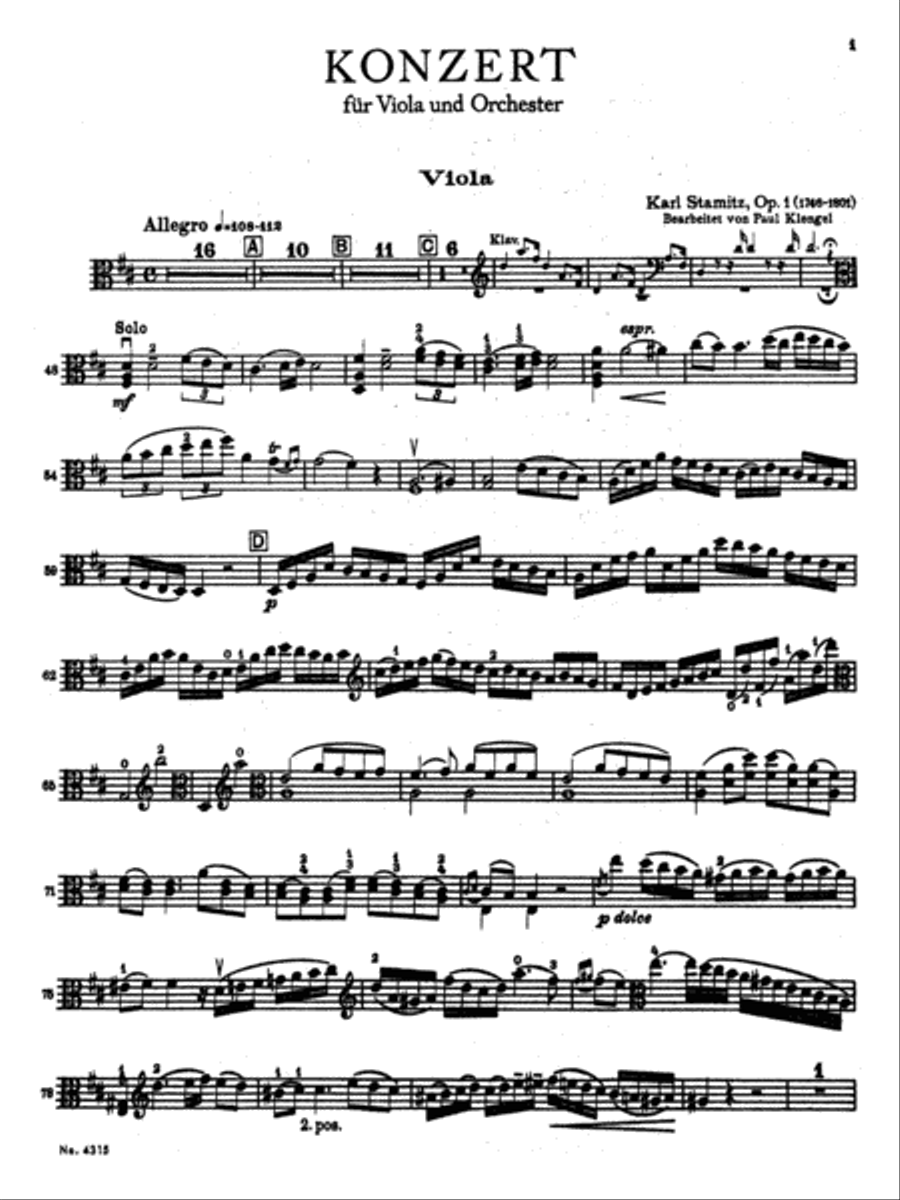Stamitz: Concerto in D Major, Op. 1 Viola scores gallery preview page 3