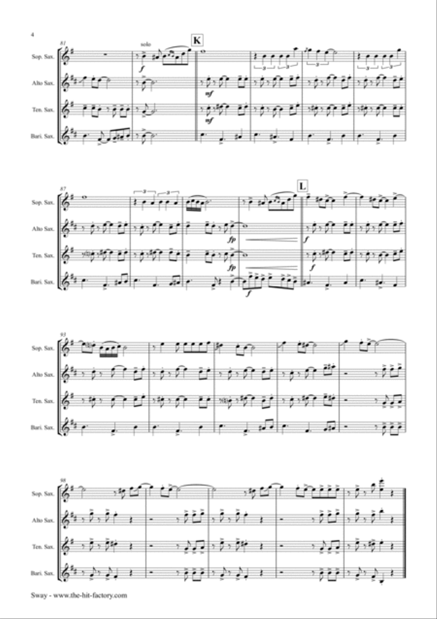 Sway (quien Sera) Saxophone Quartet scores gallery preview page 4