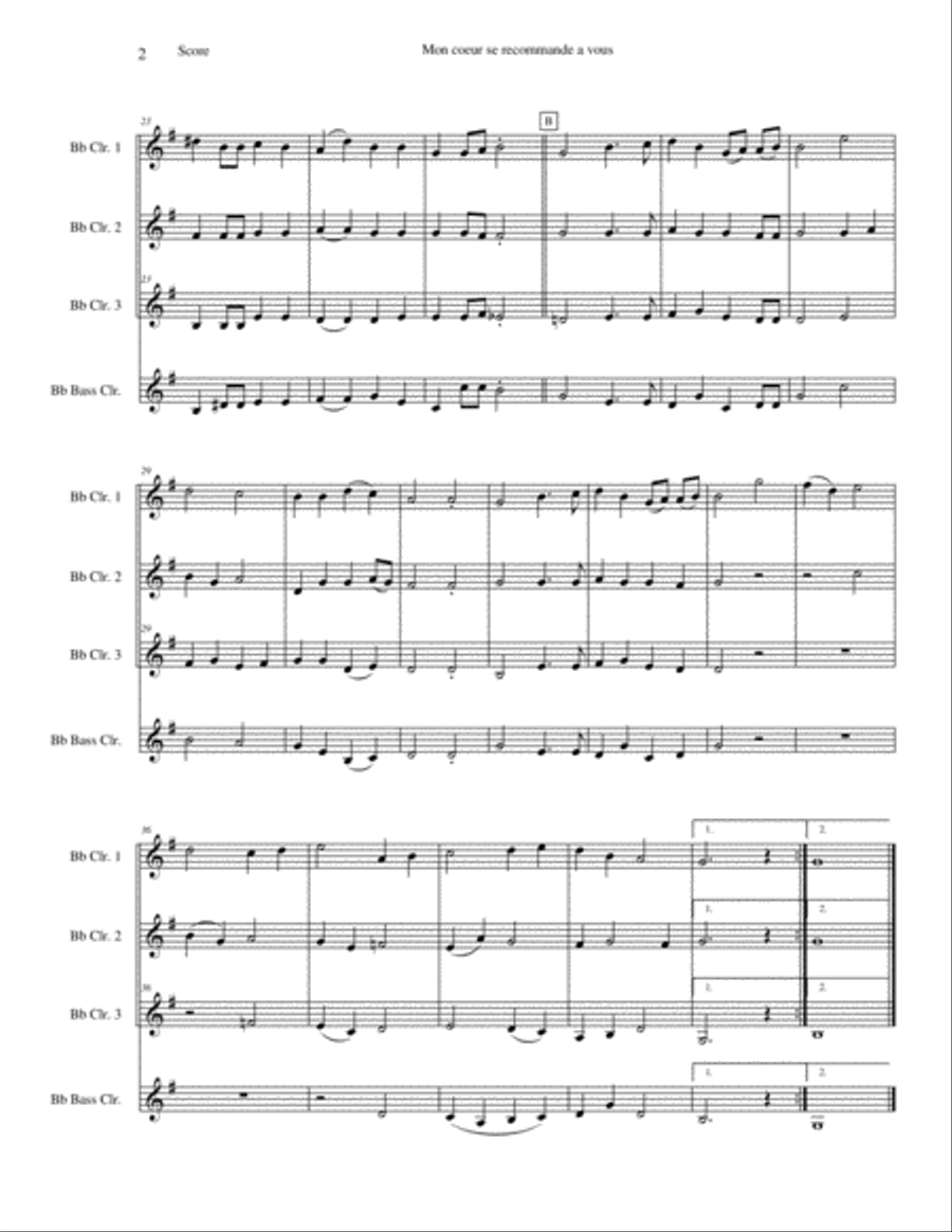Mon coeur se recommande a vous - (My Heart Doth Beg You'll Not Forget) Clarinet Quartet scores gallery preview page 2