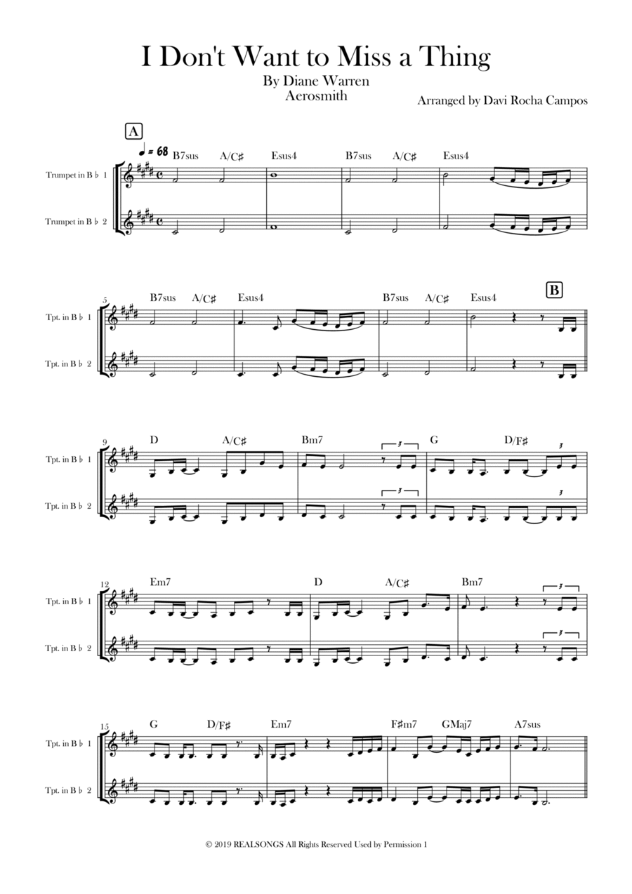 I Don't Want To Miss A Thing Trumpet Duet scores gallery preview page 1