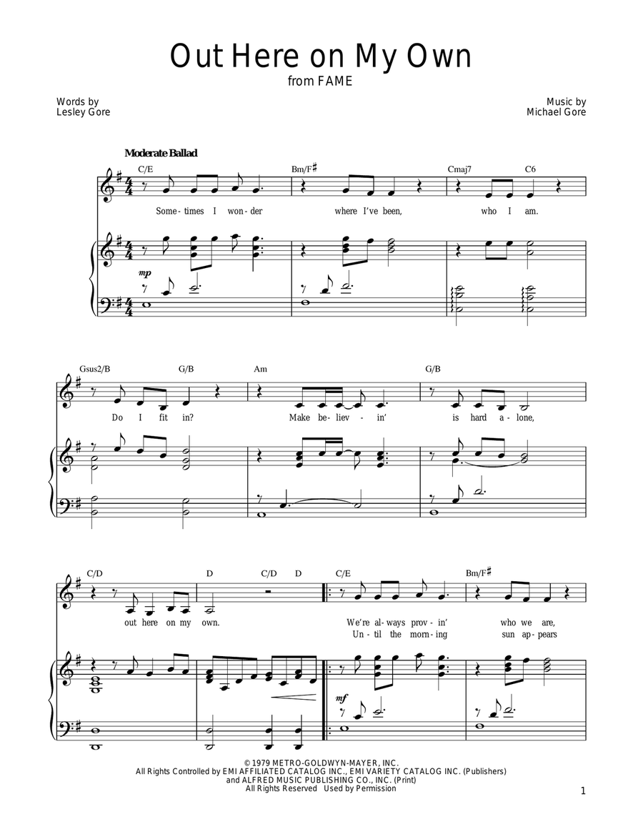 Out Here On My Own Piano, Vocal, Guitar scores gallery preview page 1