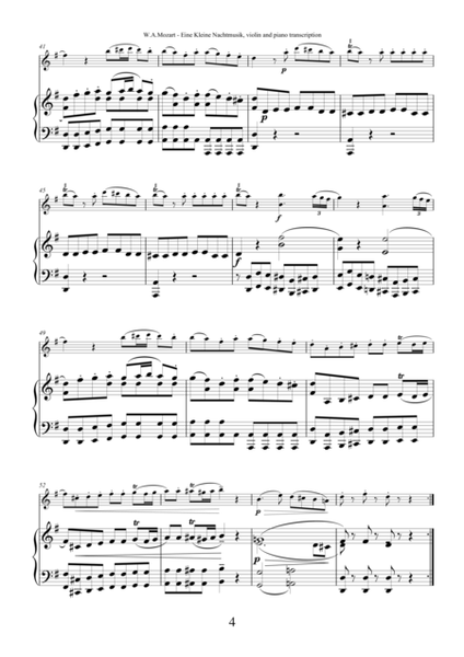 Eine Kleine Nachtmusik by Wolfgang Amadeus Mozart, transcription for violin and piano