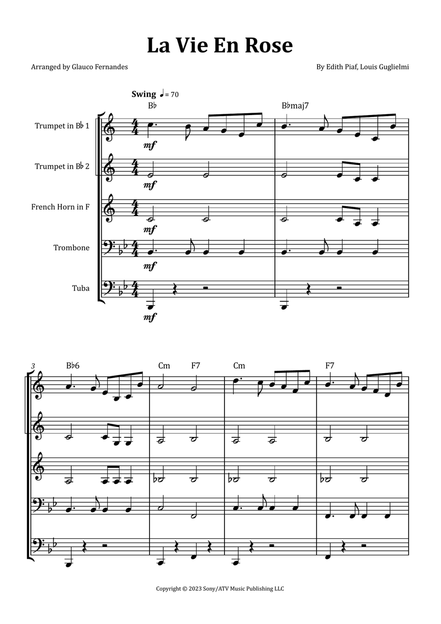 La Vie En Rose by Edith Piaf Brass Quintet - Digital Sheet Music