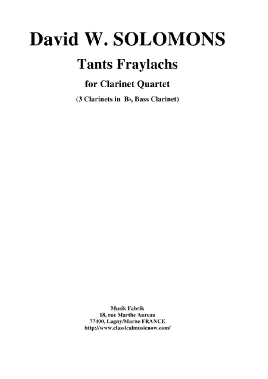 David W. Solomons: Tants Fraylachs (Klezmer style) for 3 Bb clarinets and bass clarinet Woodwind Quartet scores gallery preview page 1