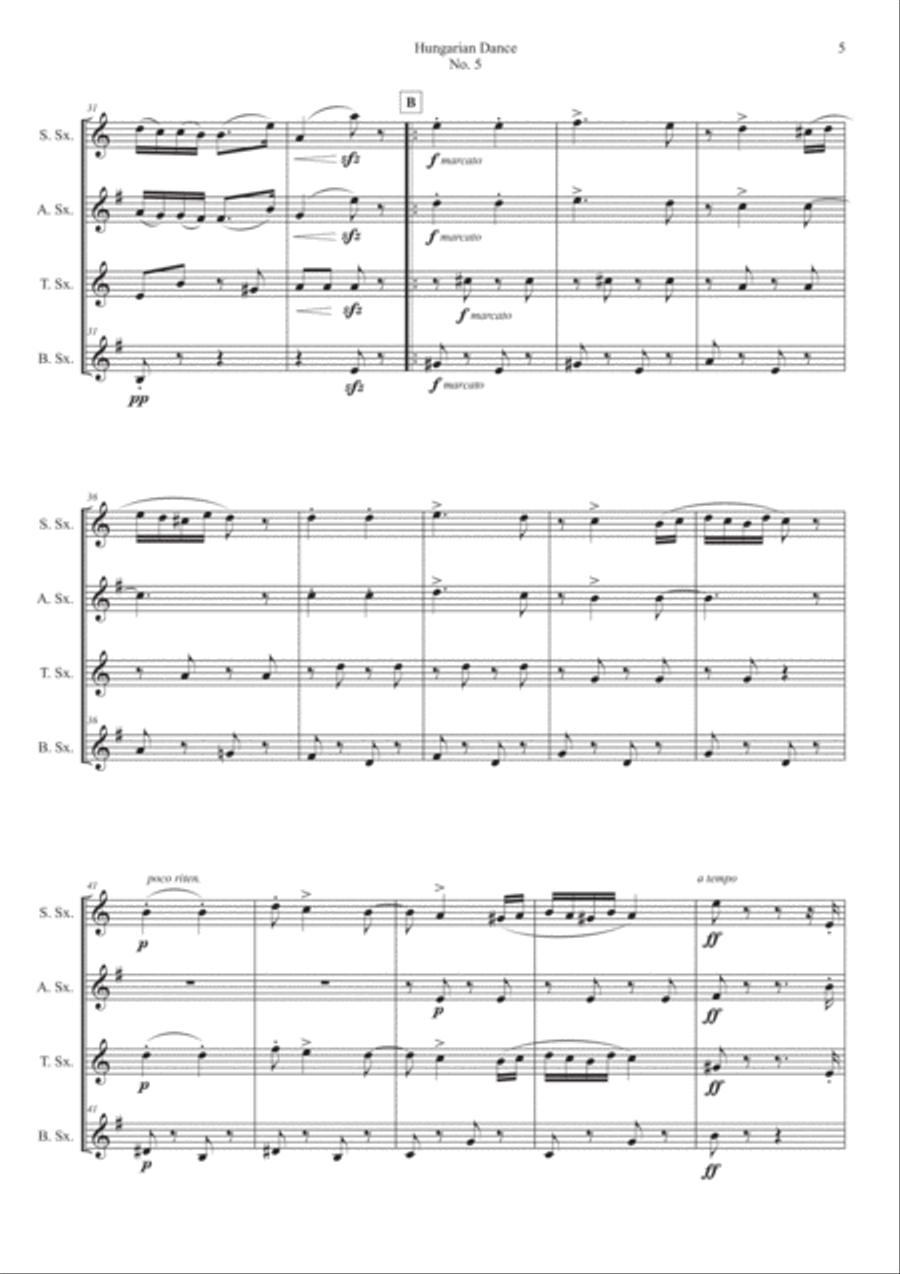 Hungarian Dance No.5 for Saxophone Quartet Saxophone Quartet scores gallery preview page 5