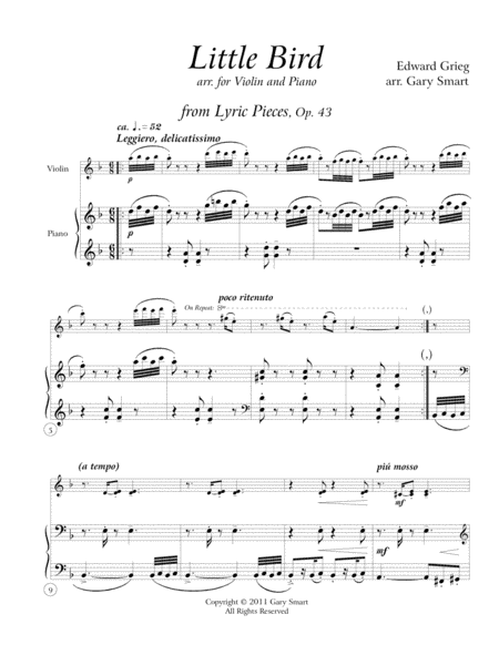"Little Bird" (Greig) arr. for violin and piano SCORE