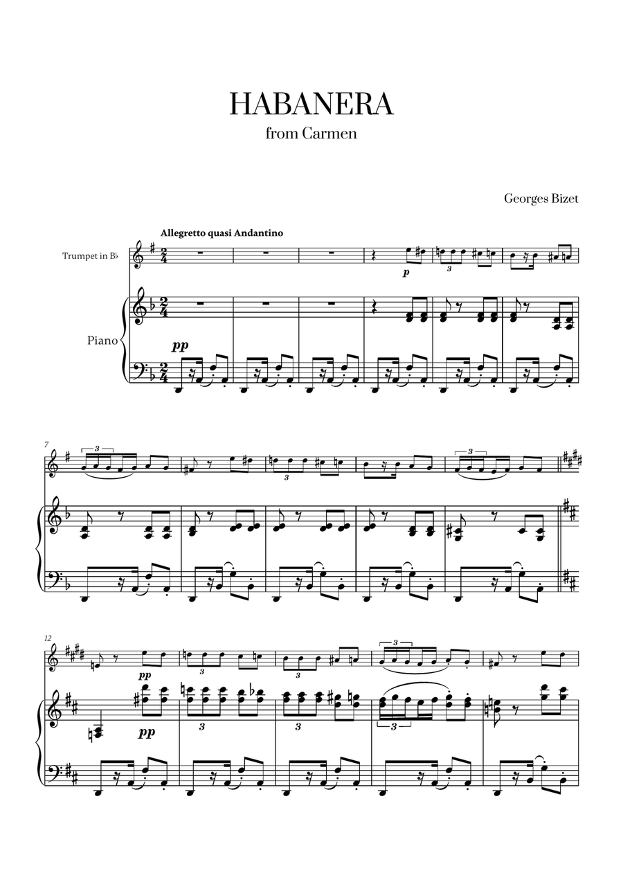 Georges Bizet - Habanera (from Carmen) for Trumpet in Bb and Piano B-Flat Trumpet scores gallery preview page 1