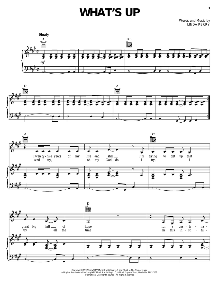 What's Up Piano, Vocal, Guitar scores gallery preview page 1