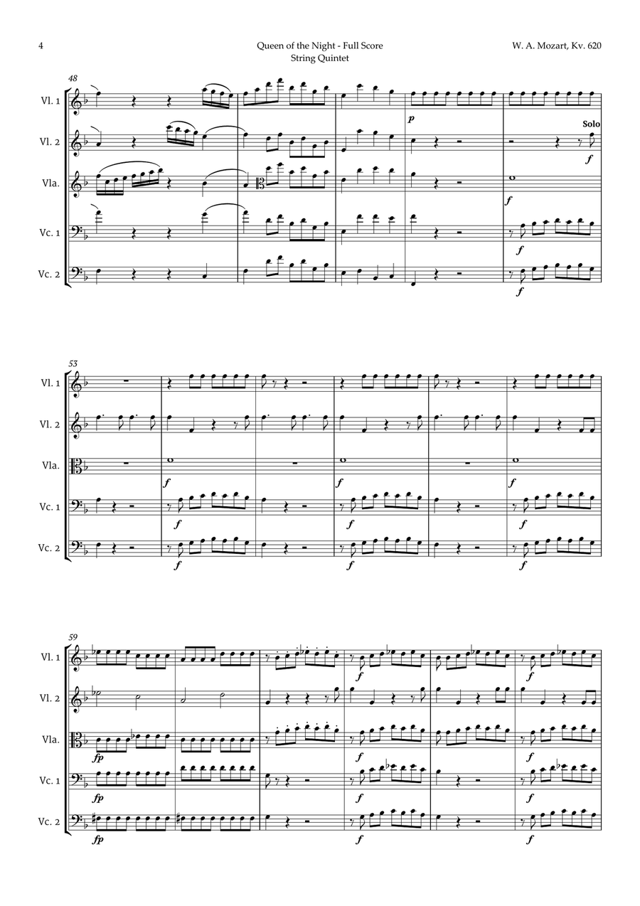 Queen of the Night Aria by Mozart for String Quintet String Quintet scores gallery preview page 4