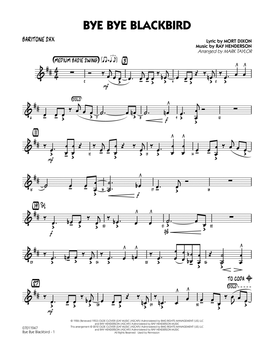 Bye Bye Blackbird - Baritone Sax Jazz Ensemble scores gallery preview page 1