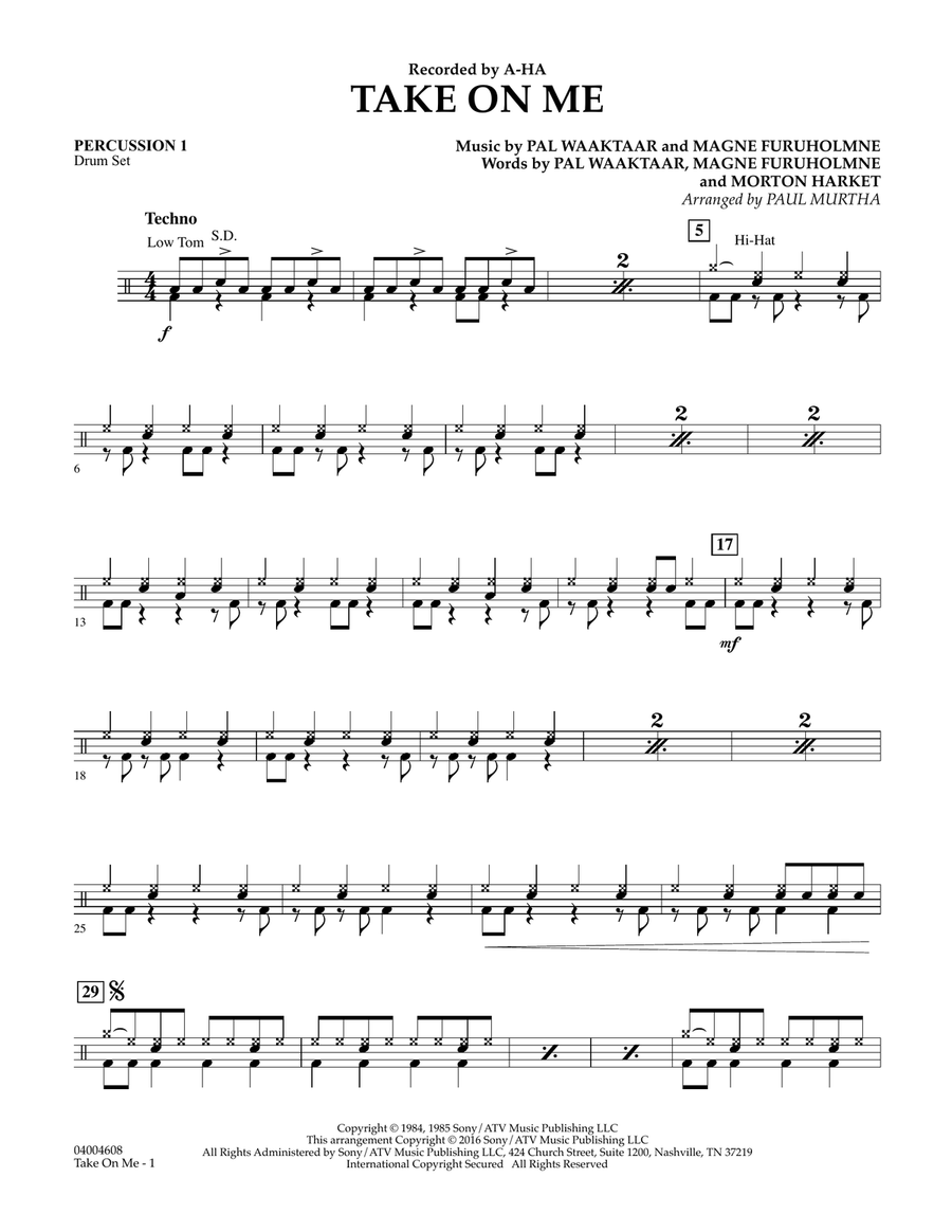Take on Me - Percussion 1 Concert Band scores gallery preview page 1