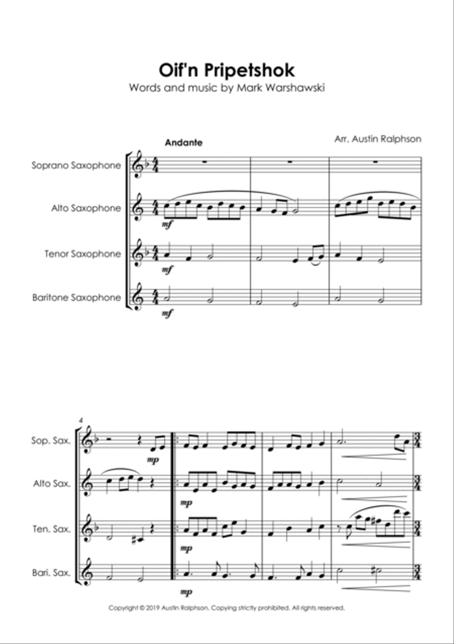 Oif'n Pripetshok אויפן פריפעטשיק‎ (Jewish Wedding) - sax quartet Saxophone Quartet scores gallery preview page 4