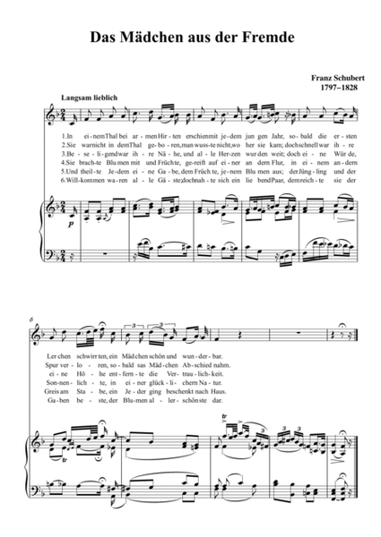 Schubert-Das Mädchen aus der Fremde in F for Vocal and Piano