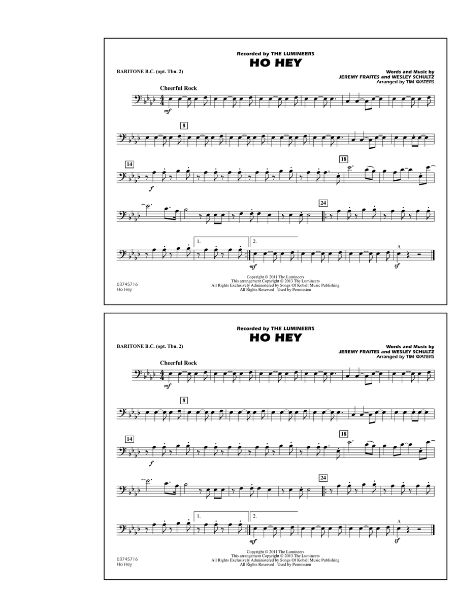 Ho Hey - Baritone B.C. (Opt. Tbn. 2) Marching Band scores gallery preview page 1