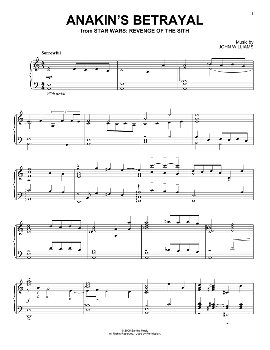 Anakin's Betrayal (from Star Wars: Revenge Of The Sith) Piano Solo scores gallery preview page 1