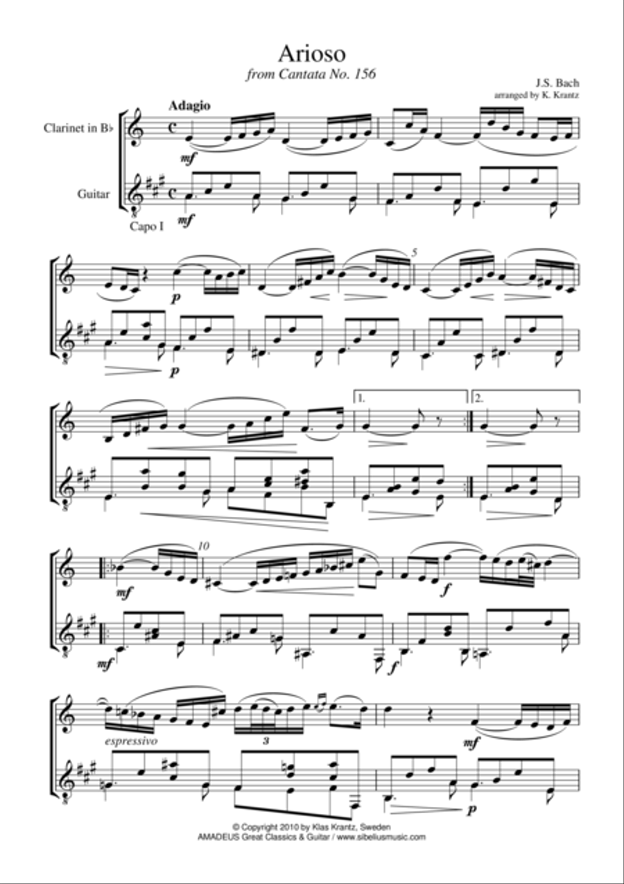 Arioso (Largo) from Cantata 156 for clarinet in Bb and guitar B-Flat Clarinet scores gallery preview page 1