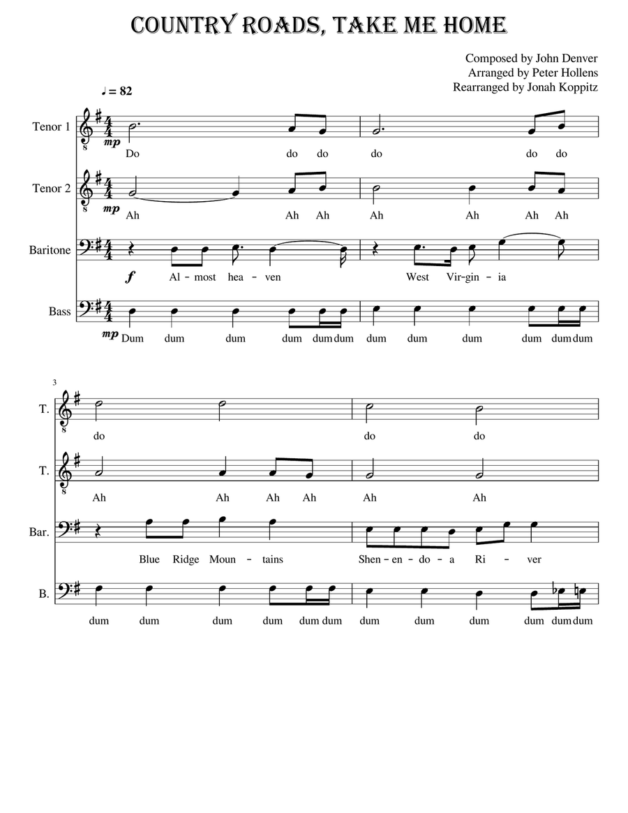 Country Roads, Take Me Home TTBB scores gallery preview page 1