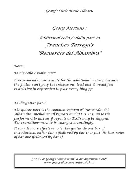 Additional Melody to "Recuerdos del Alhambra" (Tarrega) for cello / violin