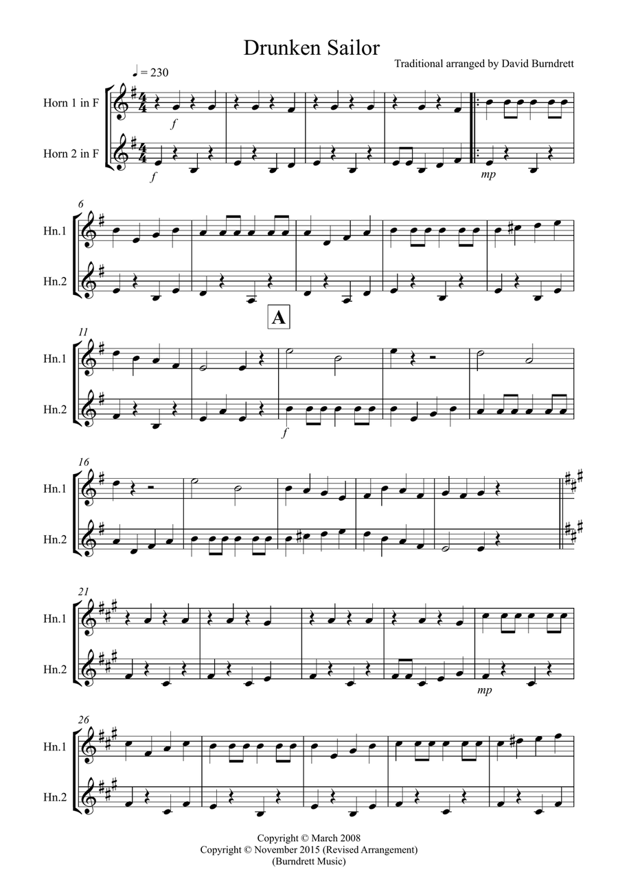 Drunken Sailor for French Horn Duet Brass Duet scores gallery preview page 1