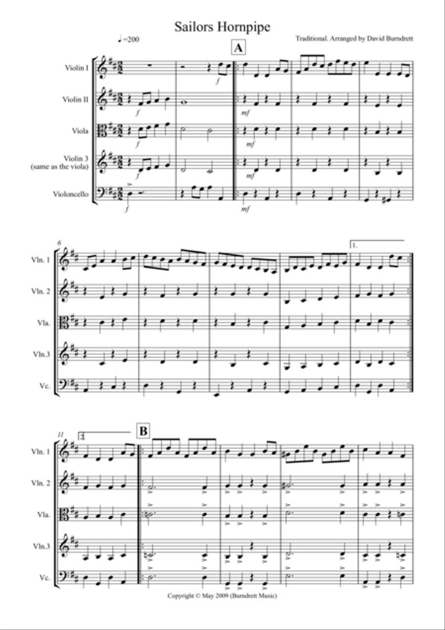 Sailor's Hornpipe for String Quartet String Quartet scores gallery preview page 1