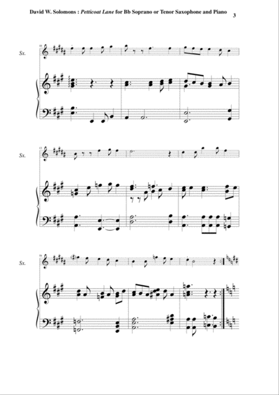 David Warin Solomons: Petticoat Lane for Bb soprano or tenor saxophone and piano Woodwind Duet scores gallery preview page 3