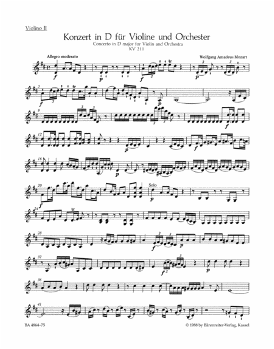 Concerto for Violin and Orchestra, No. 2 D major, KV 211 by Wolfgang Amadeus Mozart Violin Solo - Sheet Music