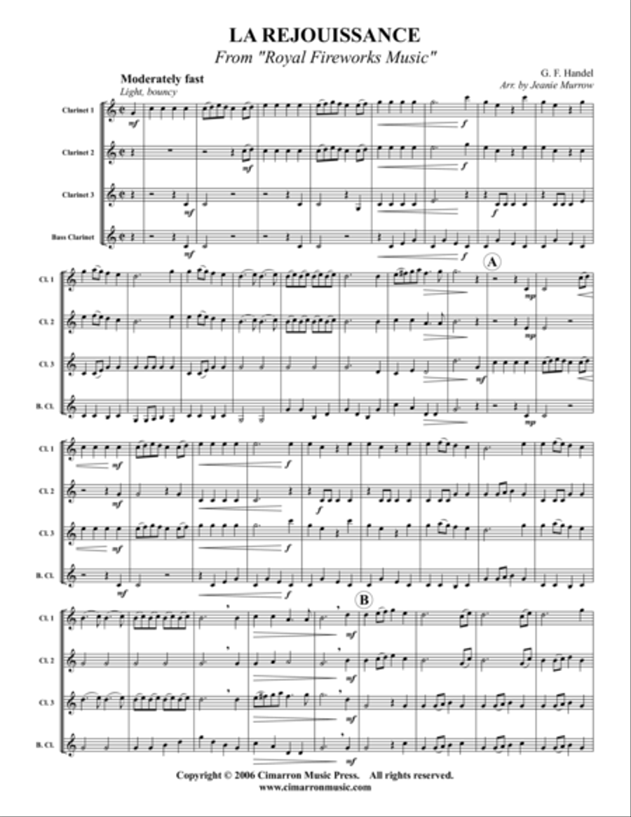 La Rejouissance from Royal Fireworks Clarinet Quartet scores gallery preview page 1