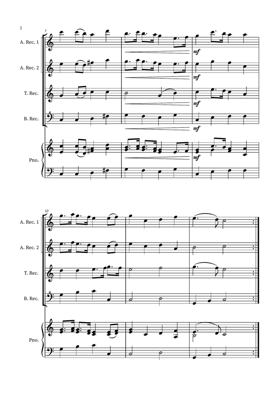 English Country Garden – Recorder Quartet (AATB + Optional Piano) 4-Part scores gallery preview page 2