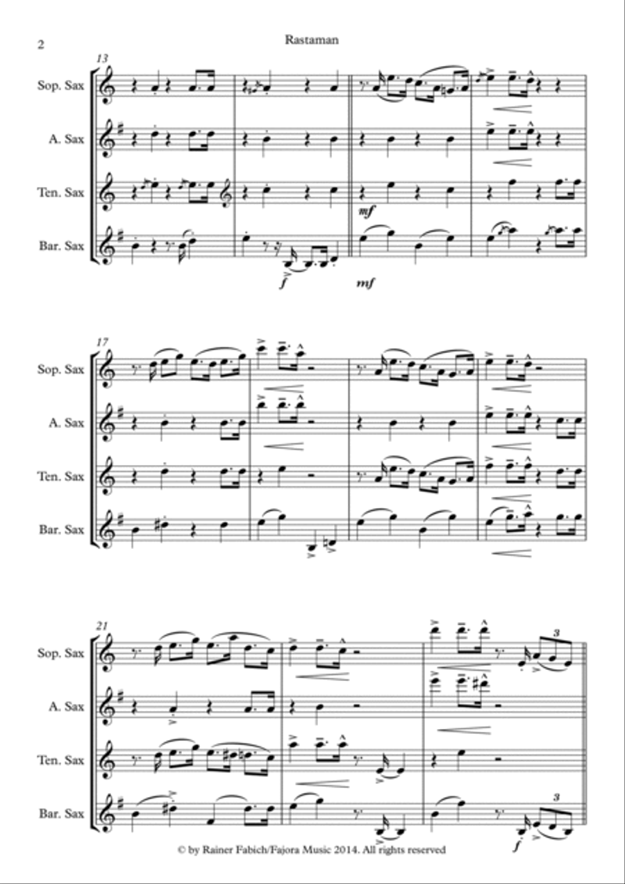 Rastaman from Five Sax Reggaes Woodwind Quartet scores gallery preview page 3