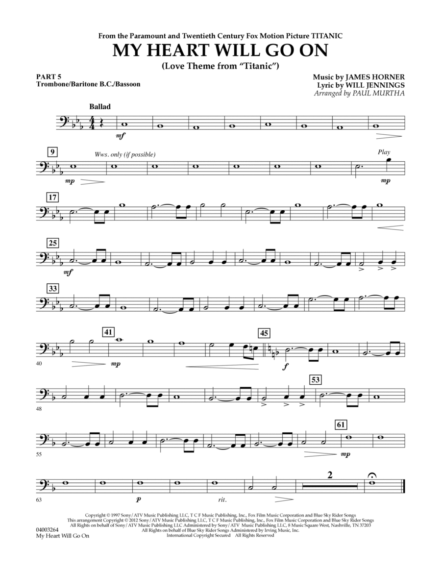 My Heart Will Go On (Love Theme from Titanic) - Pt.5 - Trombone/Bar. B.C./Bsn.