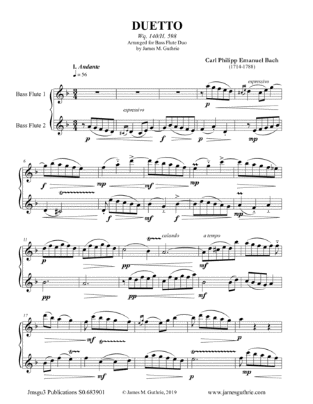 CPE Bach: Duetto Wq. 140 for Bass Flute Duo image number null