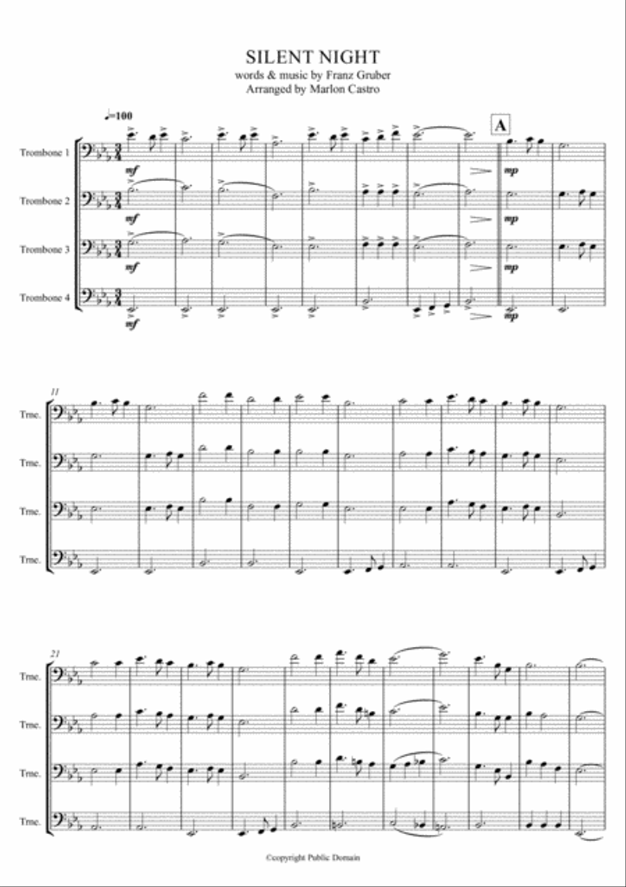 SILENT NIGHT - Trombone Quartet Trombone Quartet scores gallery preview page 1