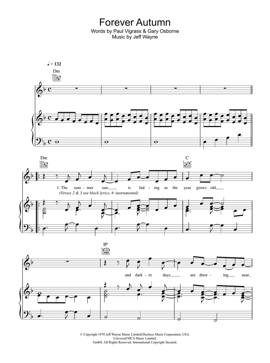 Forever Autumn Piano, Vocal, Guitar scores gallery preview page 1