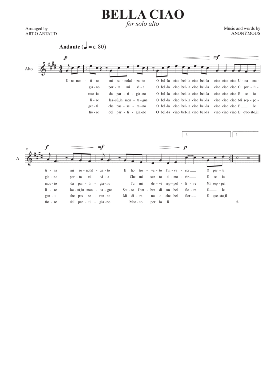 Bella Ciao Alto Voice scores gallery preview page 1