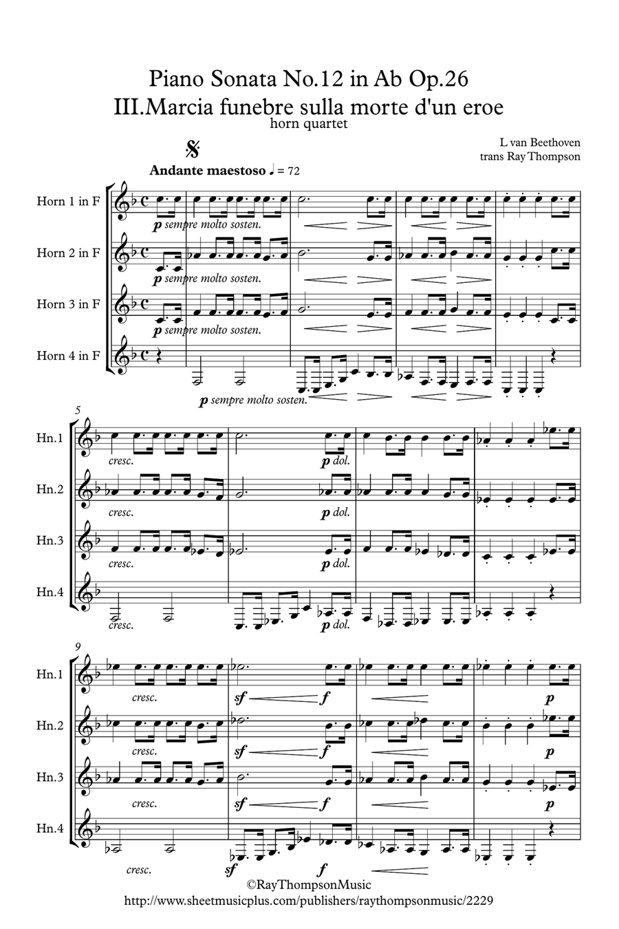 Beethoven: Piano Sonata No.12 in Ab Op.26 Mvt.III Funeral March for a dead hero - horn quartet Brass Quartet scores gallery preview page 1