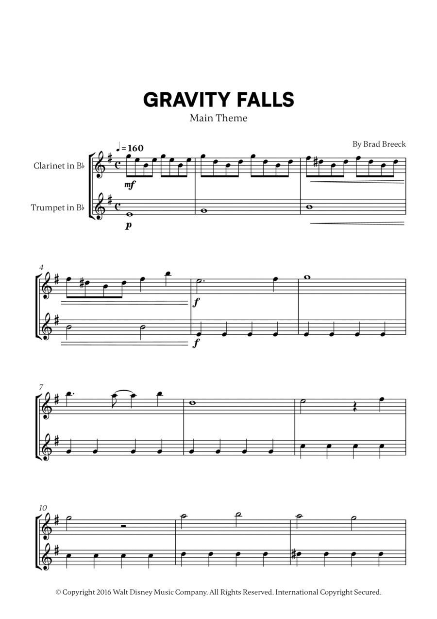 Gravity Falls (Main Theme) B-Flat Clarinet scores gallery preview page 1