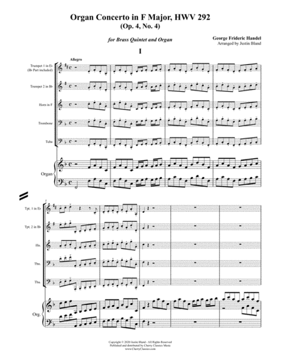 Organ Concerto in F Major, Op. 4 No. 4 for Brass Quintet and Organ