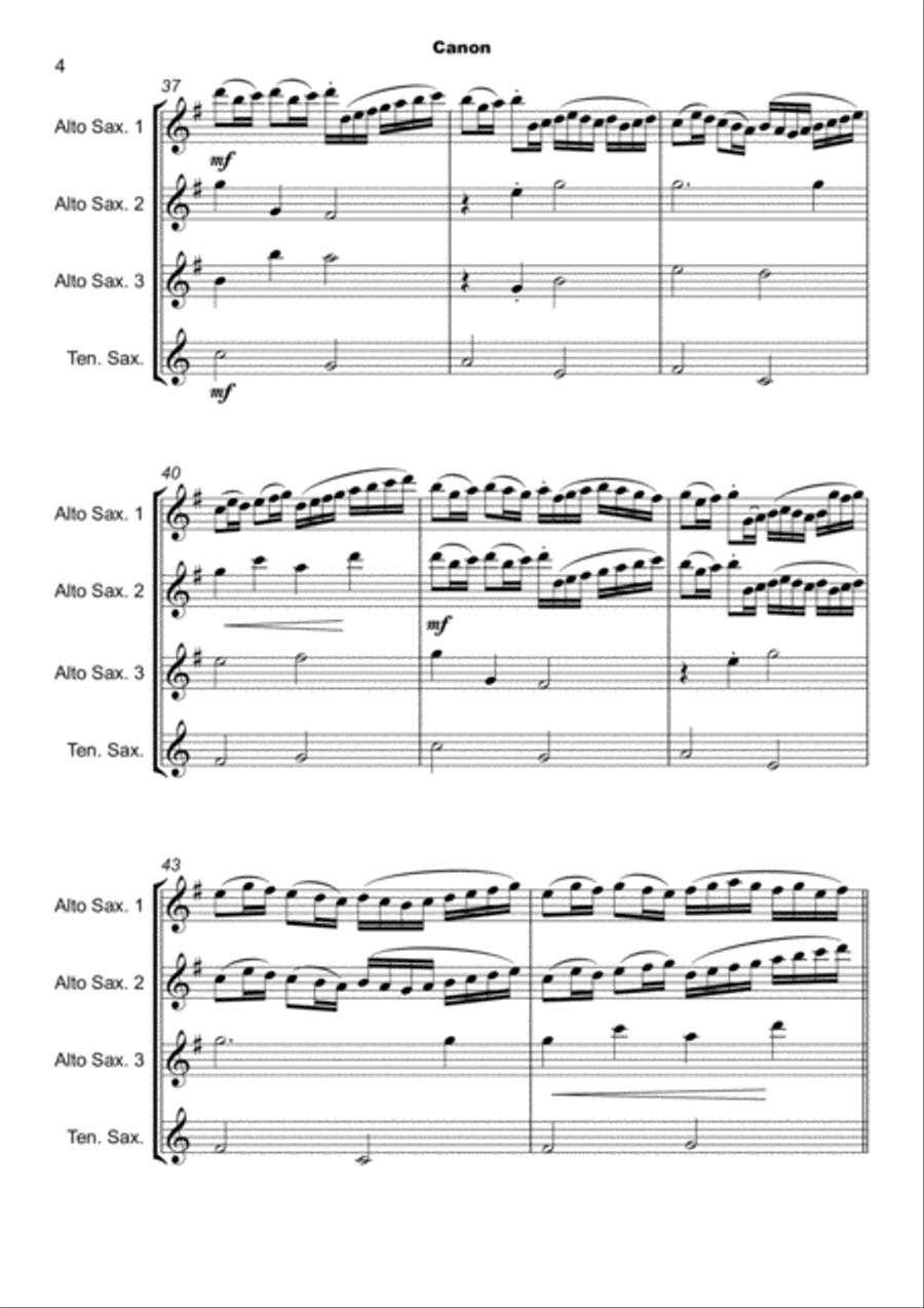 Pachelbel's Canon in D, for Saxophone Quartet, three Altos and one Tenor or Baritone Saxophone Quartet scores gallery preview page 5