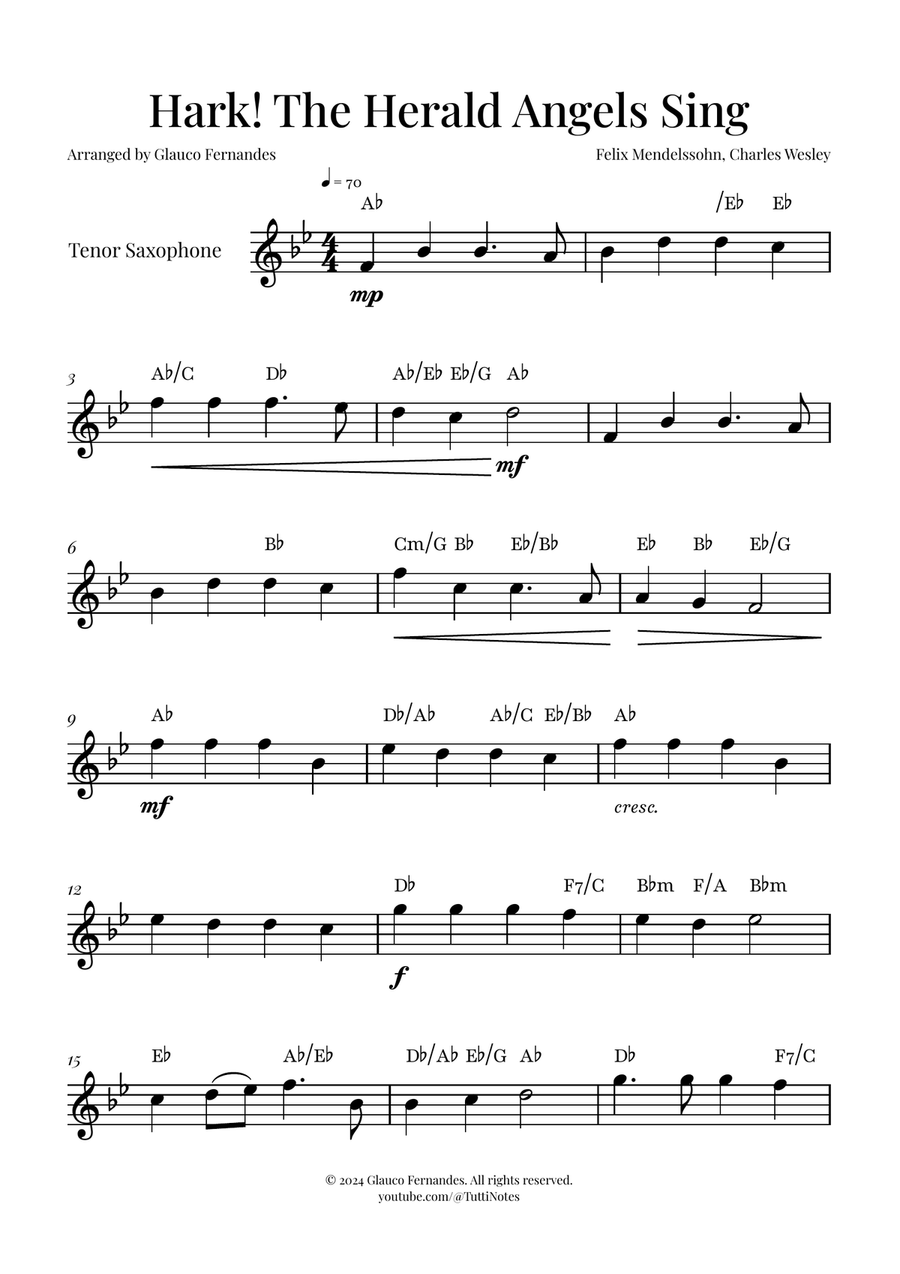 Hark! The Herald Angels Sing | BEAUTIFUL Christmas Carol Tenor Saxophone scores gallery preview page 1