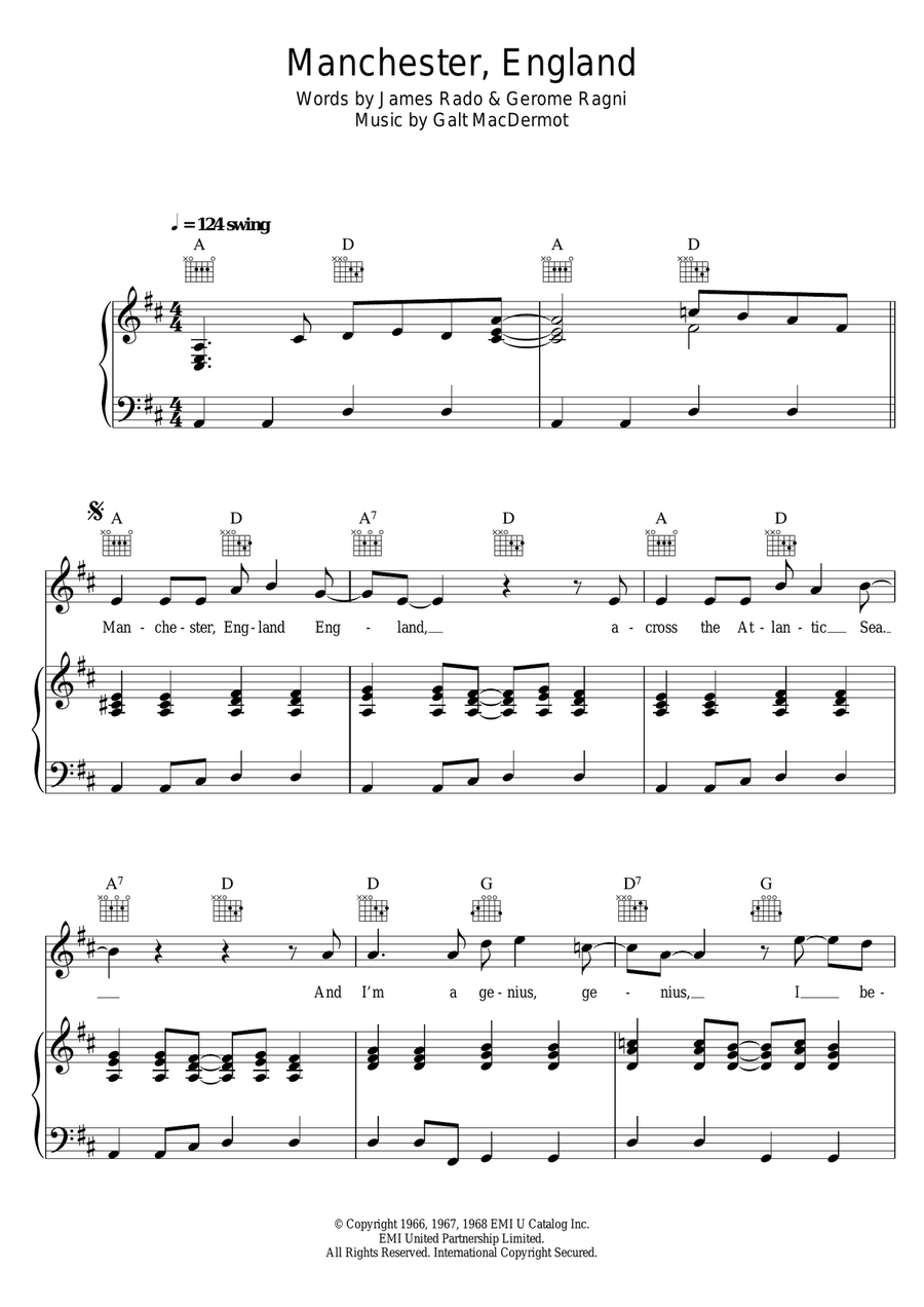 Manchester, England (from 'Hair') Piano, Vocal, Guitar scores gallery preview page 1