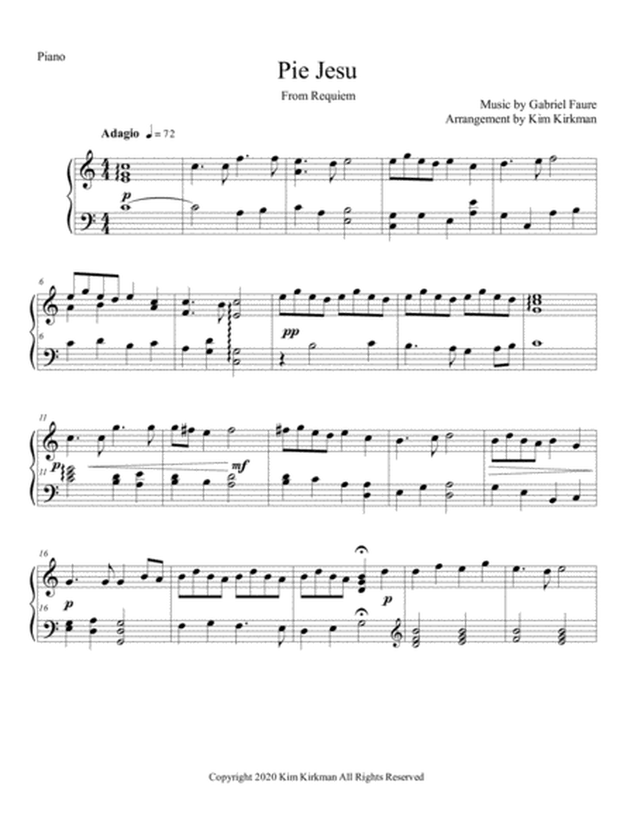 Pie Jesu from Requiem by Faure arranged for solo piano in C image number null