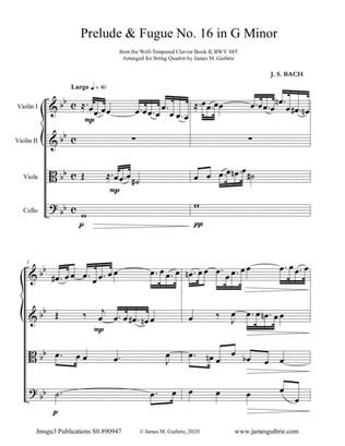 BACH: Prelude & Fugue No. 16 in G Minor, BWV 885 for String Quartet