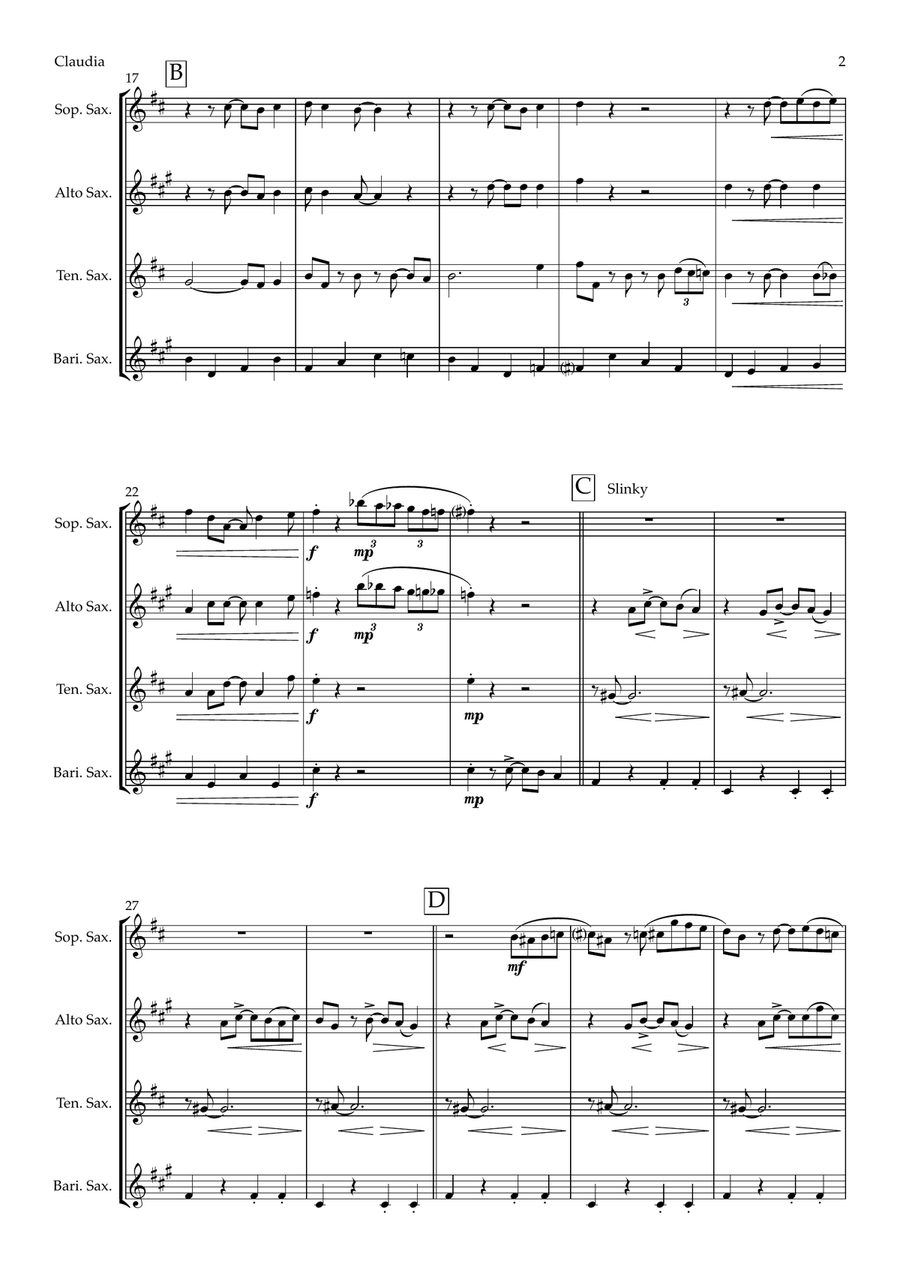 Claudia - Stompy Diva Cat from The Cat Suite (saxophone quartet - SATB) Saxophone Quartet scores gallery preview page 2