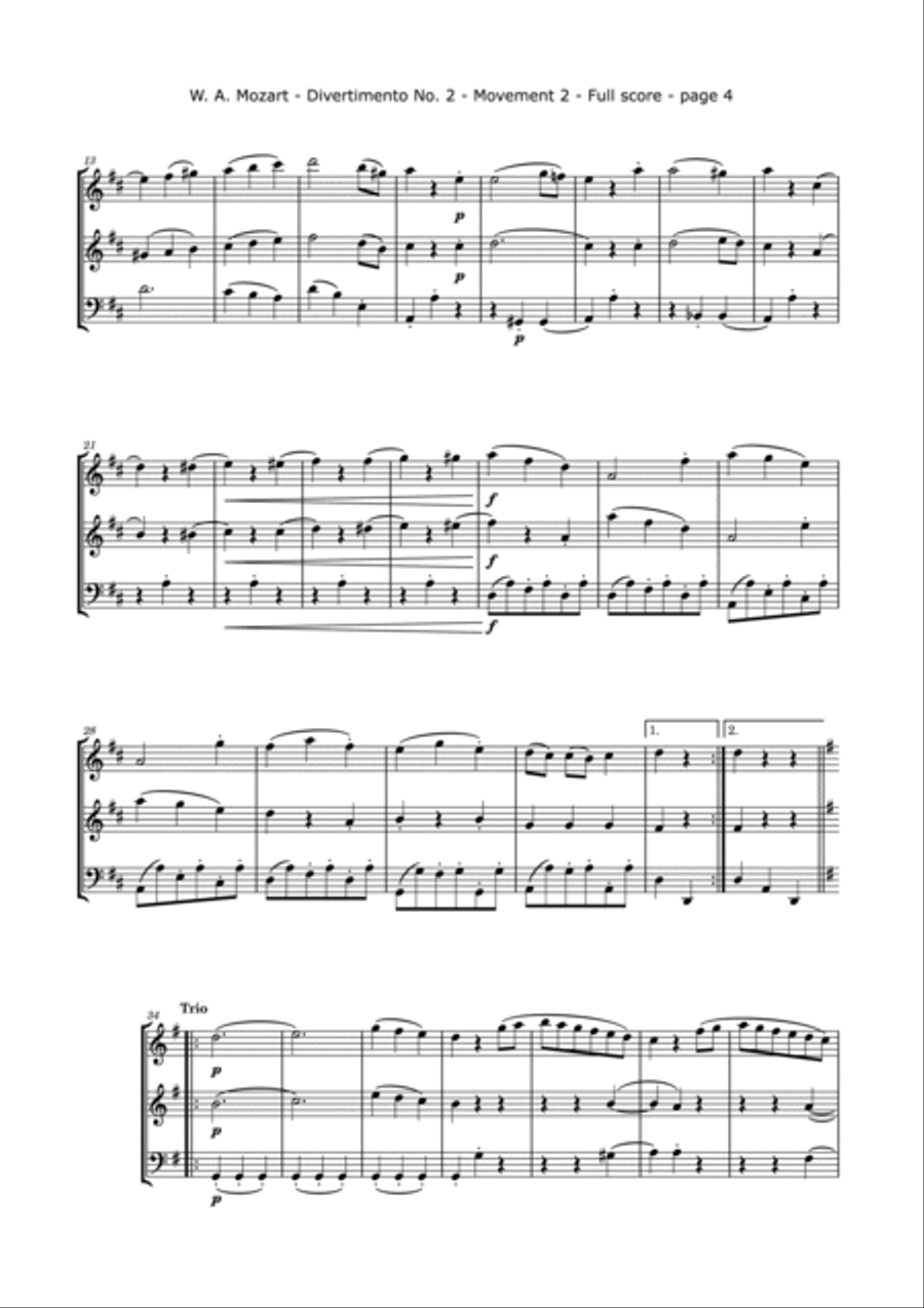 Divertimento No.2, K. 229, Arranged for Two Violins and Cello String Trio scores gallery preview page 5